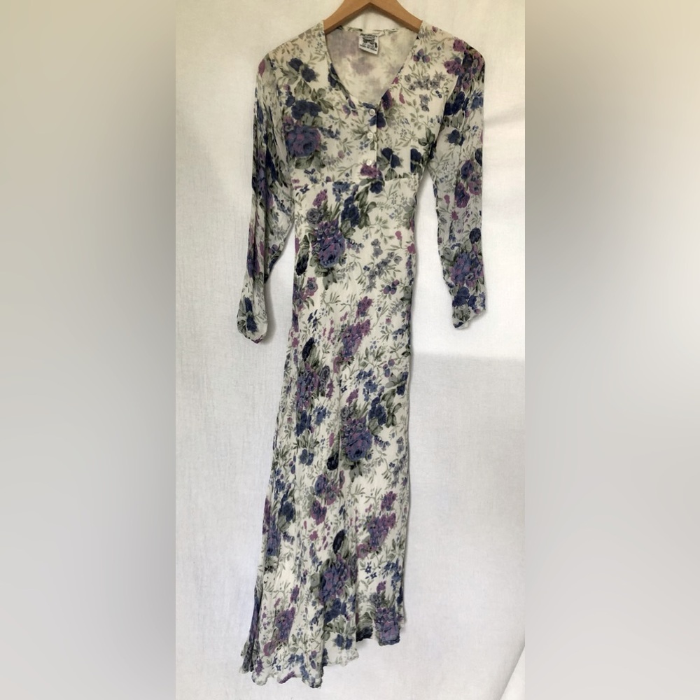 Vintage 90’s Papillon Rayon Long Sleeve Asymmetrical Floral Blue Purple Dress
